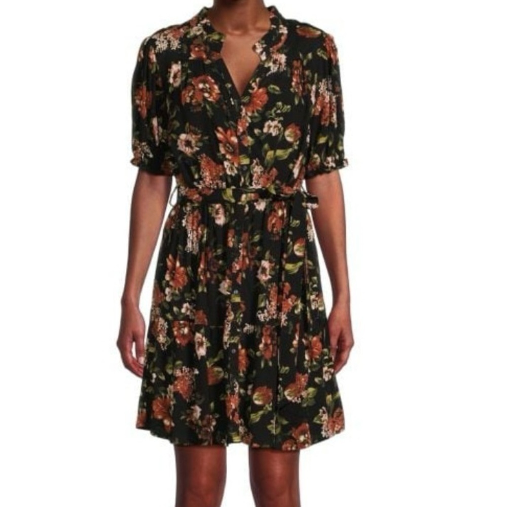 Bobeau floral mini shirt dress, olive picante size L